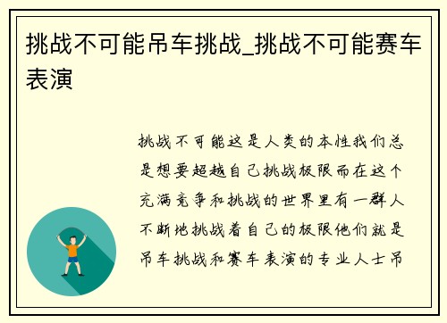挑战不可能吊车挑战_挑战不可能赛车表演