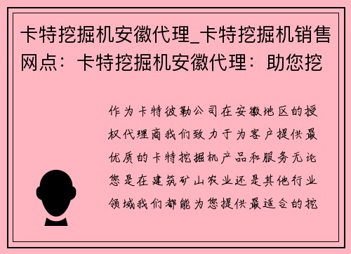 卡特挖掘机安徽代理_卡特挖掘机销售网点:卡特挖掘机安徽代理:助您挖掘更多商机